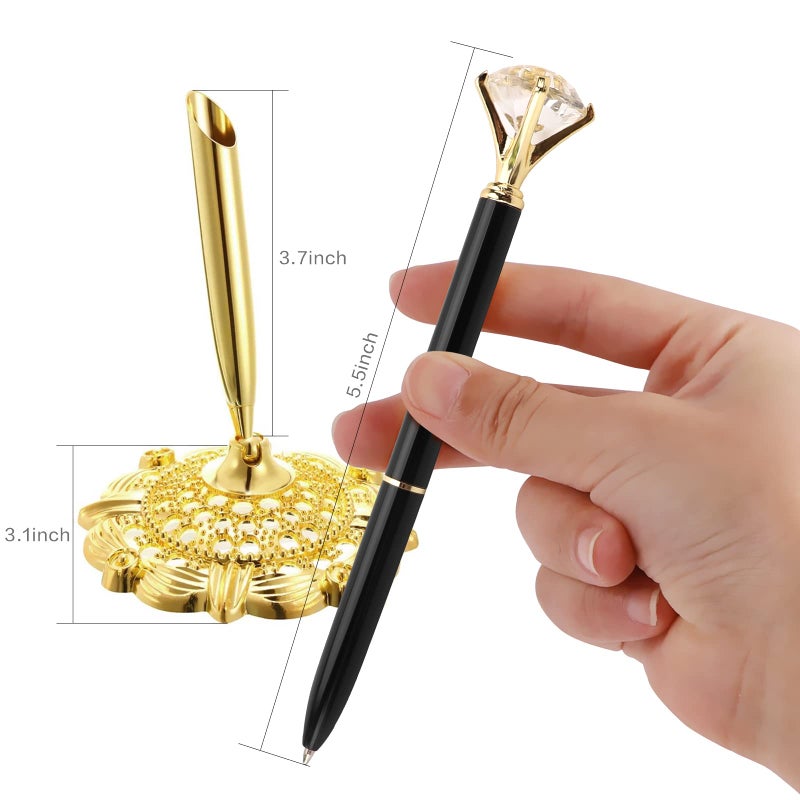 RUTICH Hollow Round Pen Holder Signing Pen Set with Big Diamond Crystal Pen for Wedding Bridal Opening Ceremony Graduation Office, Golden Holder with Black Pen(Black Ink) - Image 3